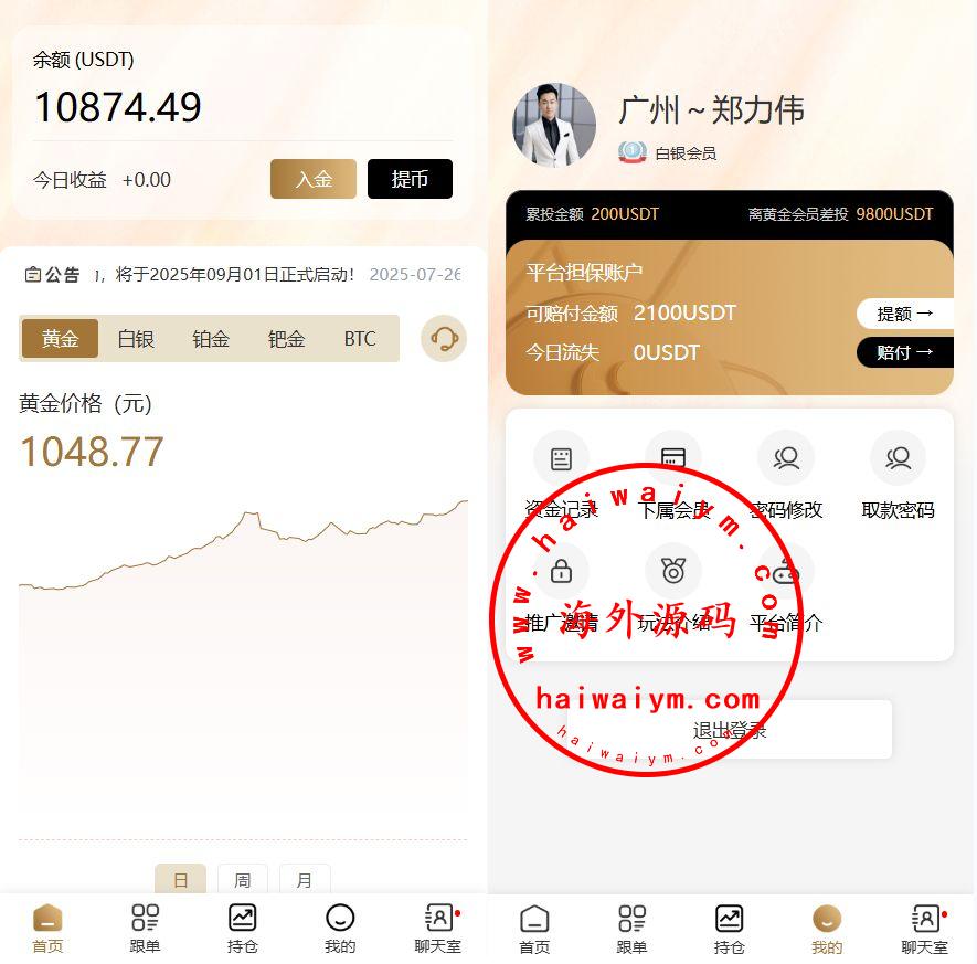 黄金投资跟单系统/投资理财/推广分销/聊天室